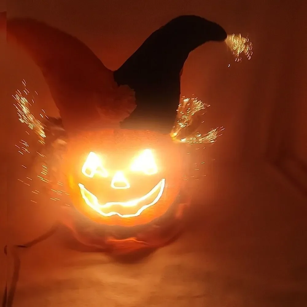 Figure Pumpkin Lighted Fiber Optic Black & Orange Jester Hat Karen Didion Origin